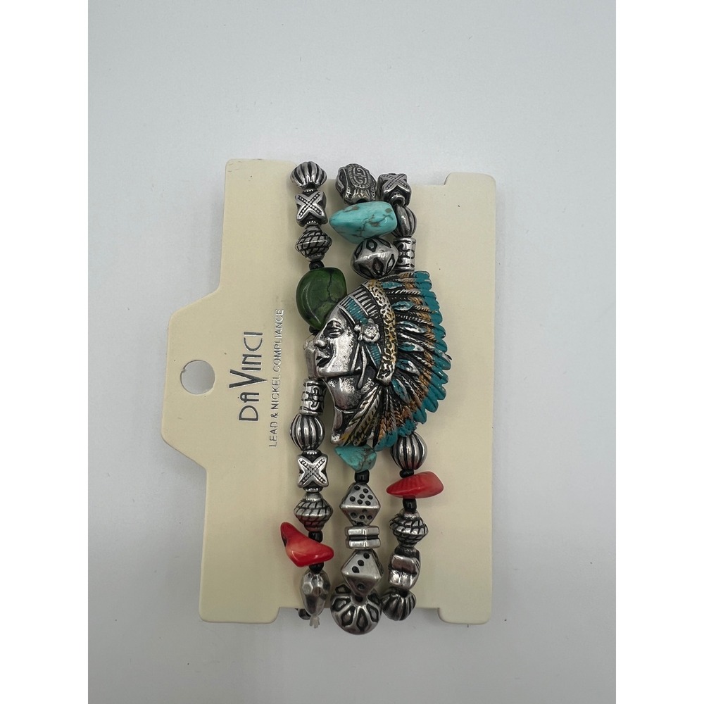 Da Vinci Southwestern Multi Strand Stretch Bracelet Set Silver Tone Boho Beads